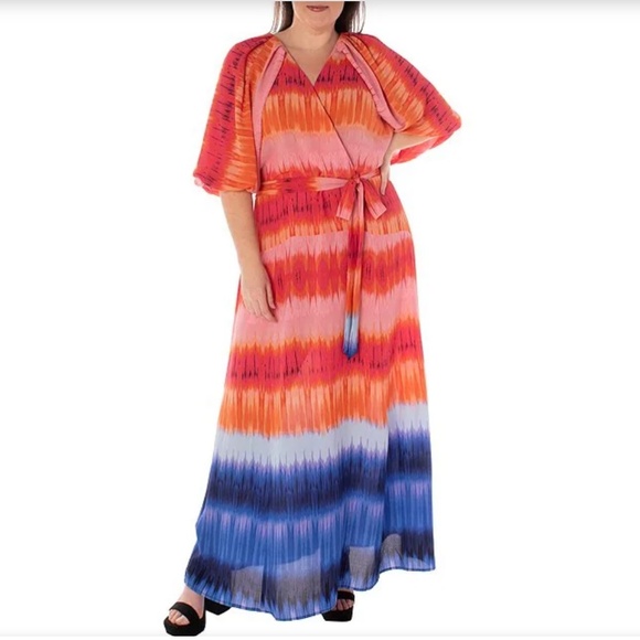 NWT Maison Tara Short Puff Sleeve V-Neck Tie Waist Tie Dye Printed Maxi Dress - Picture 2 of 9